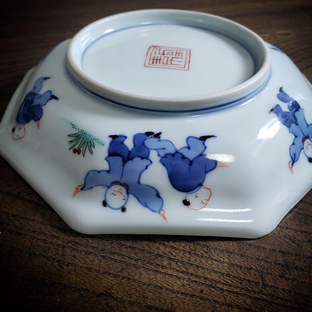 八角形　変形皿　無花果　色絵付　染付　中国童　柿右衛門様式　古伊万里　ロ号