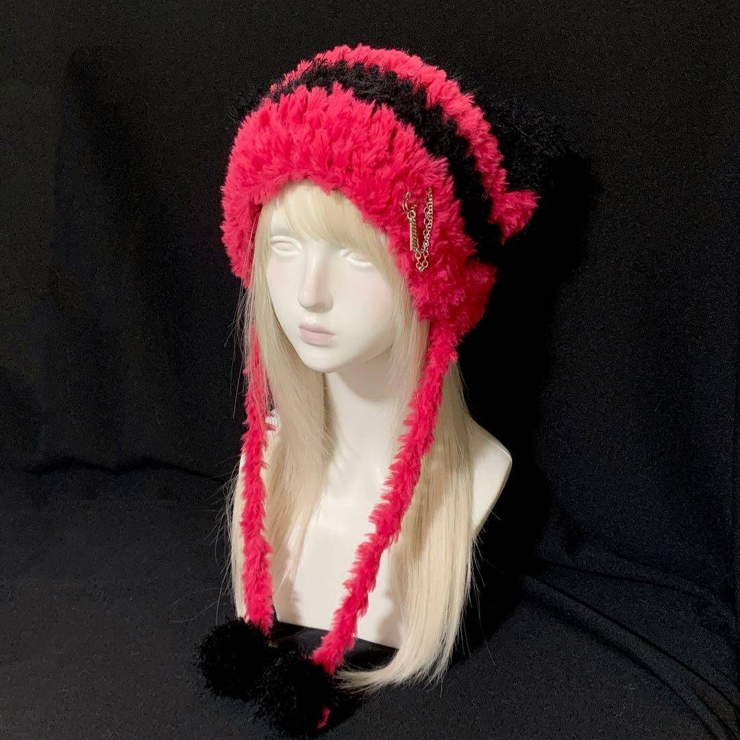 【ry;】猫耳ニット帽 ショッキングピンク ハンドメイド 編み物