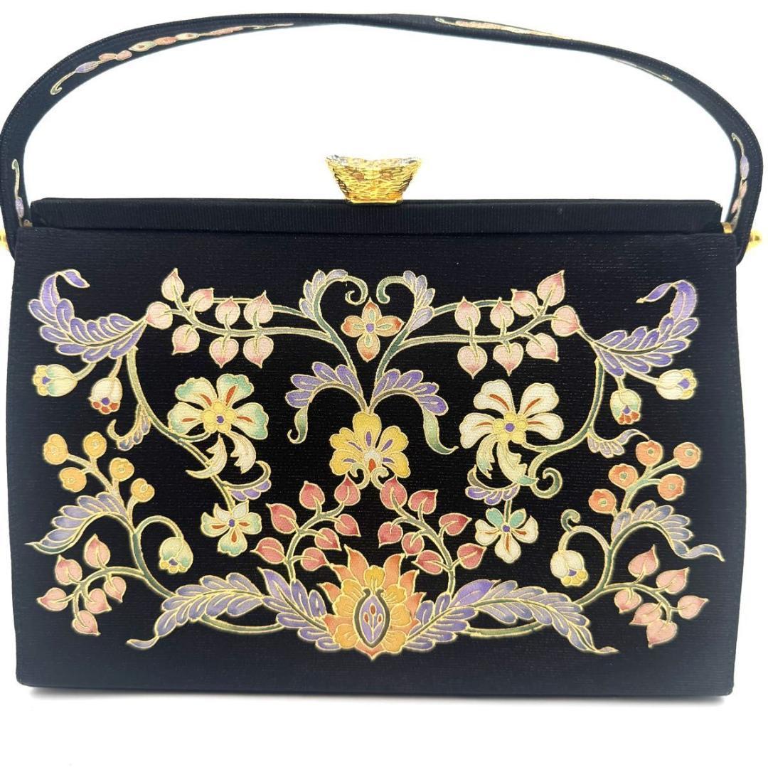 皇室御用達✨岡重　OKAJIMA　絹 100%　和装　ハンドバッグ　ビジュー　黒