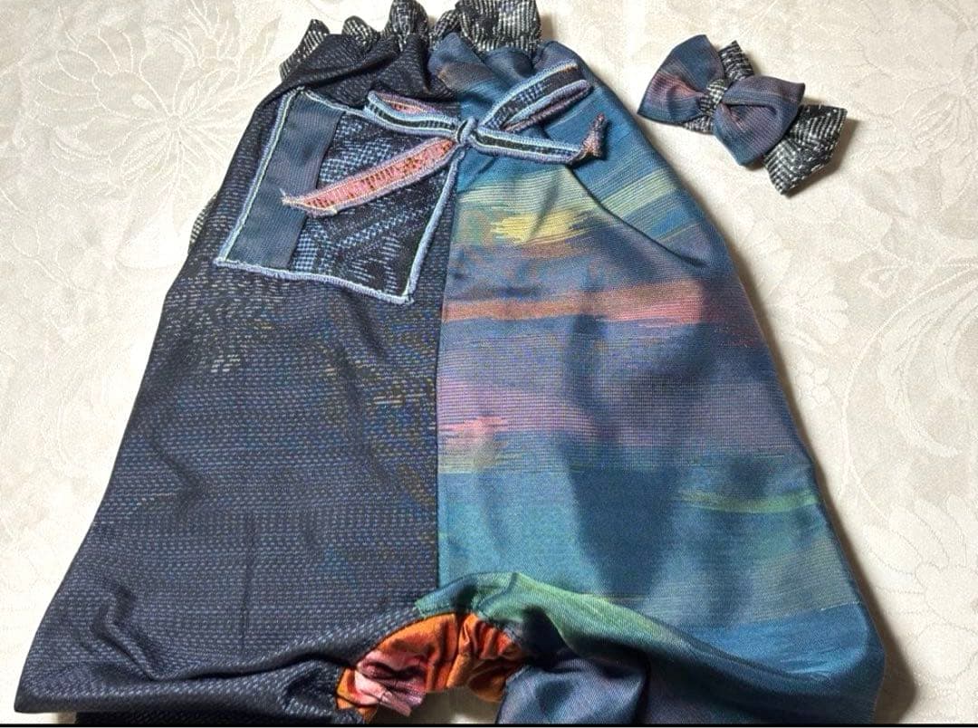 着物リメイク　大島紬　パッチワーク　ハンドメイド犬服　シルク　ロンパース