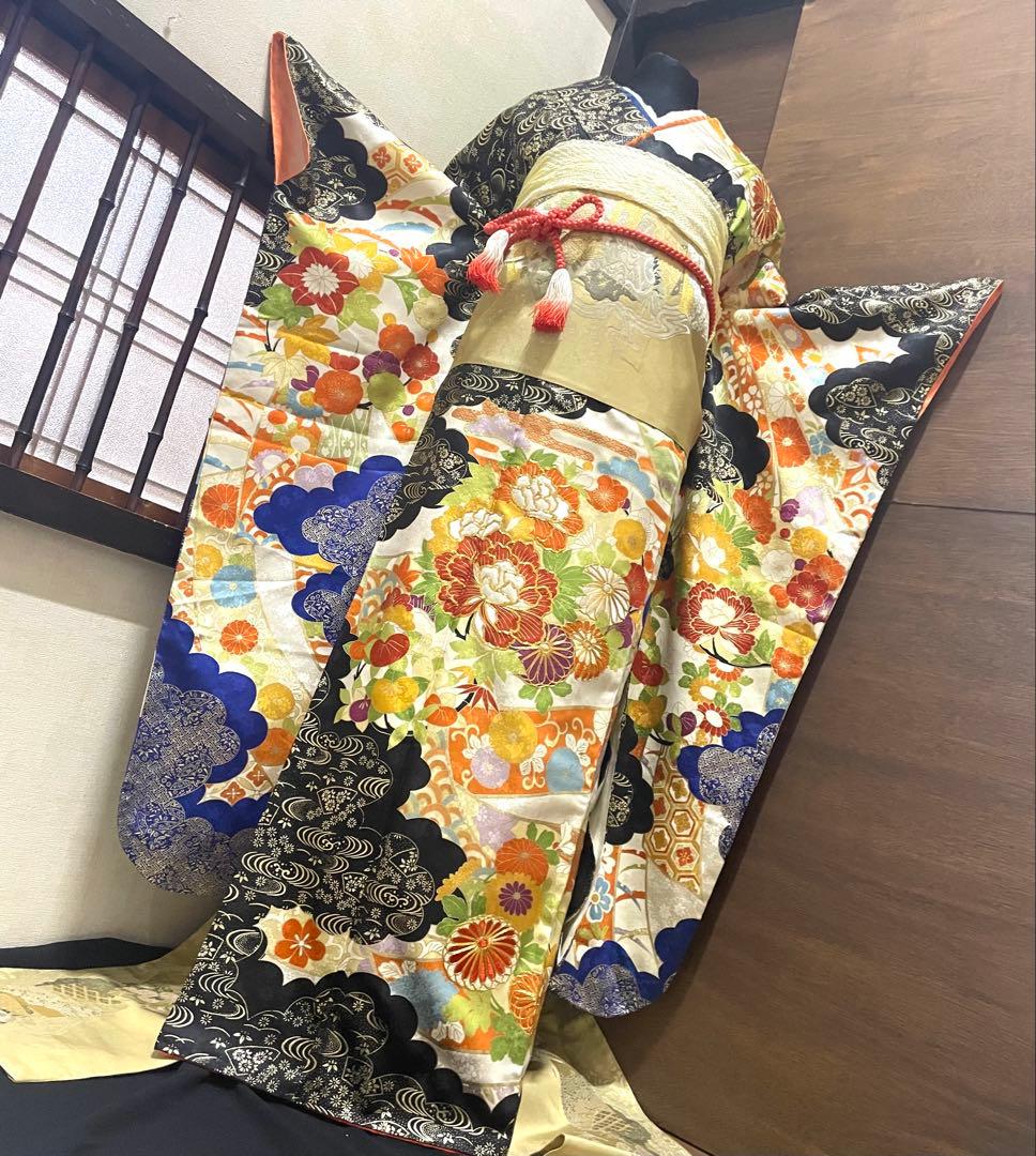 振袖フルセット6点M〜Lサイズ駒刺繍　雲取り金箔　正絹　売り切り終了