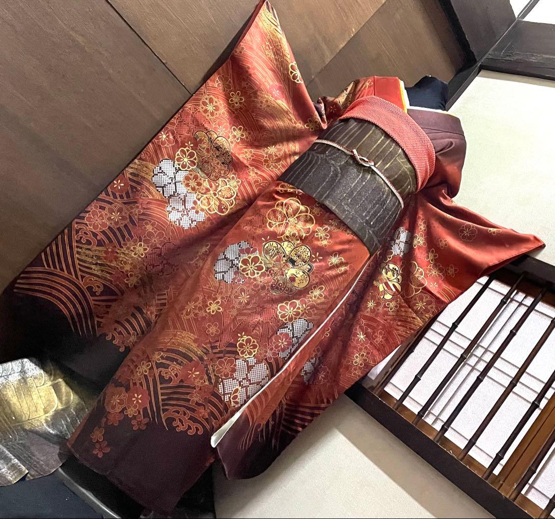 振袖 フルセット6点サイズM〜Ｌ駒刺繍　鴛鴦花文　暈し染め　金彩　正絹