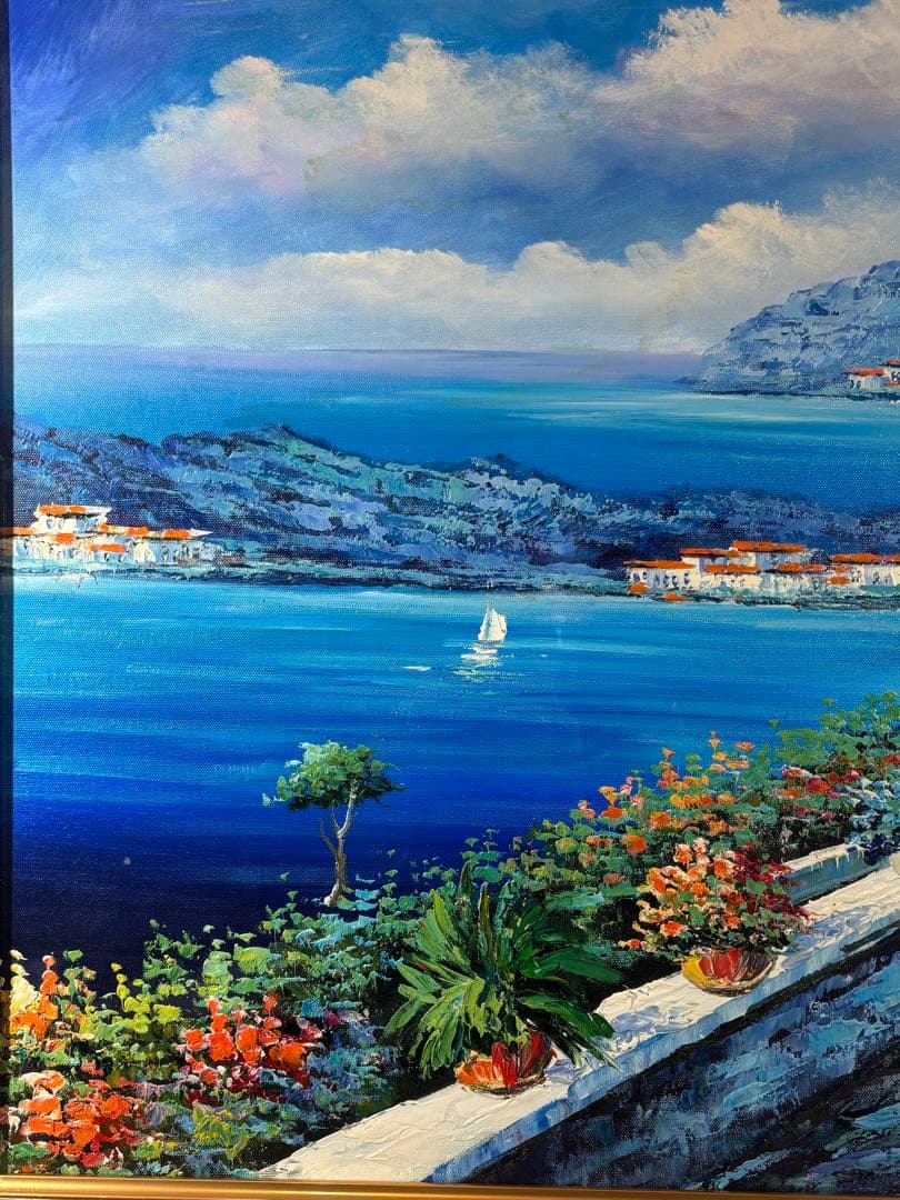 セルジュ・ルゴンによる「地中海への道」 風景画 油彩 海と町の風景