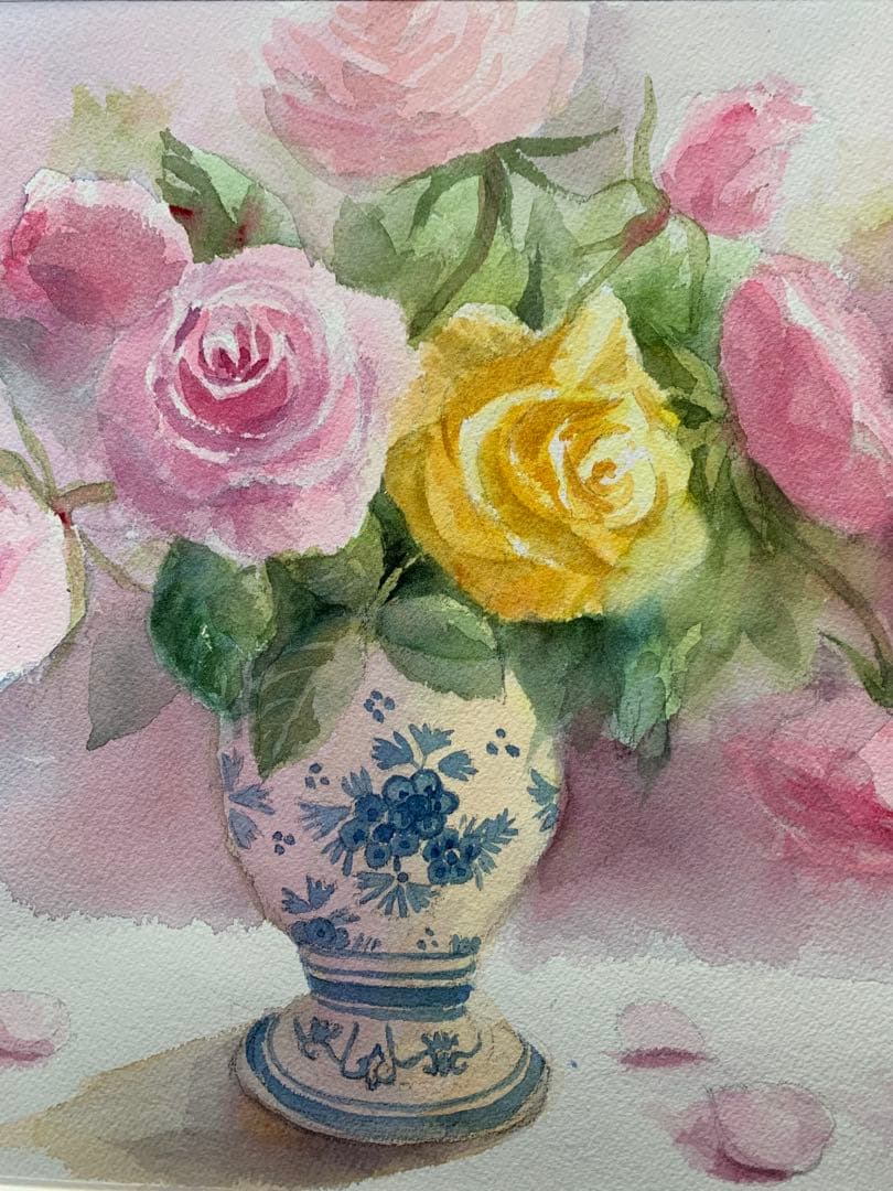 透明水彩画原画美しい薔薇とデルフト焼きの花瓶①