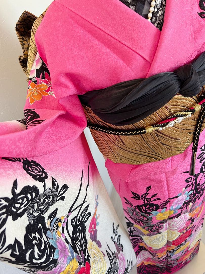 美品　正絹振袖フルセット　豪華　銀彩　銀通し薔薇ピンク花柄