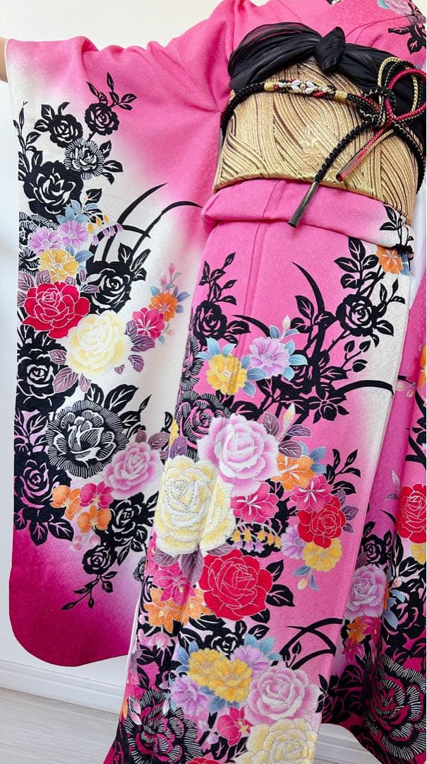 美品　正絹振袖フルセット　豪華　銀彩　銀通し薔薇ピンク花柄