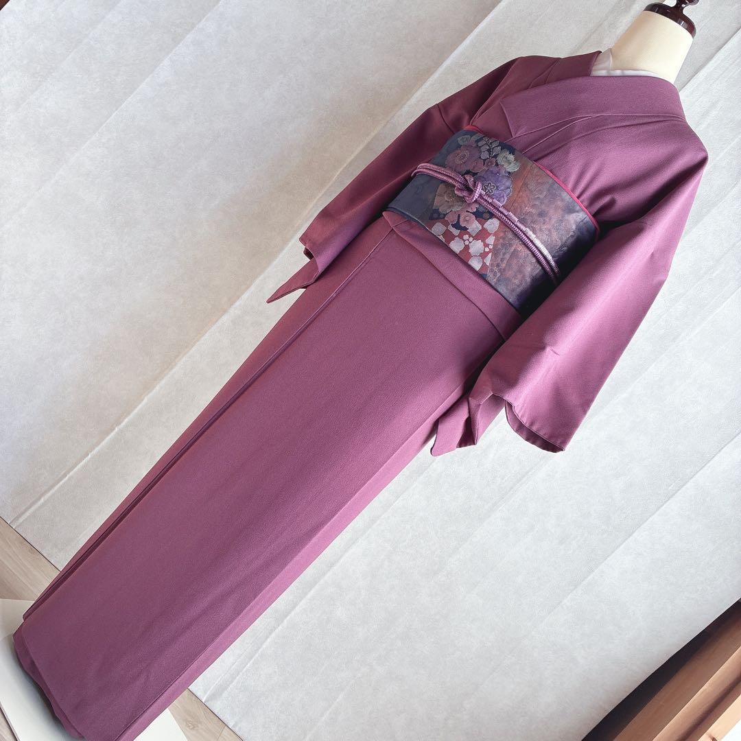 色無地　フルセット　着物　正絹　一つ紋　辻ヶ花の帯　赤紫　N5