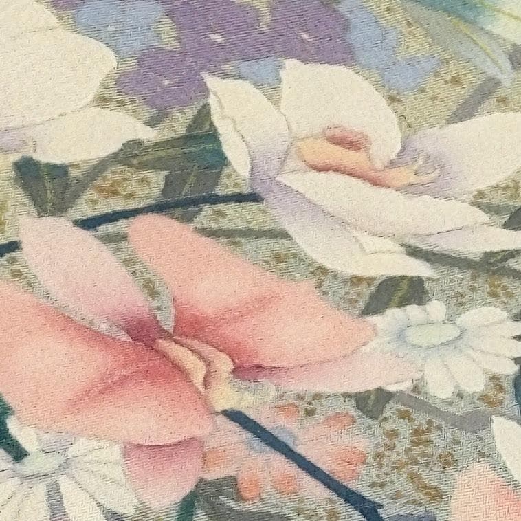 ゆりのはな　訪問着　十日町友禅作家　日本画家　白鳥映雪　SS寸　正絹　L103