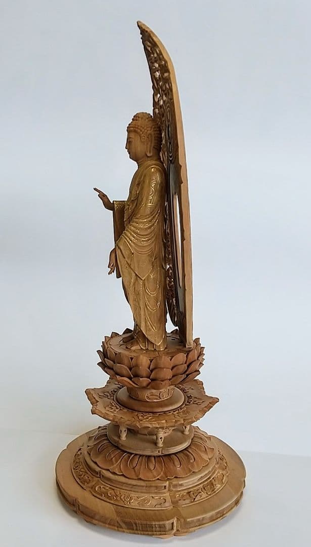 阿弥陀如来立像 5寸 #659+#557 円台座 宝相華唐草 ◆白檀 木彫 仏像