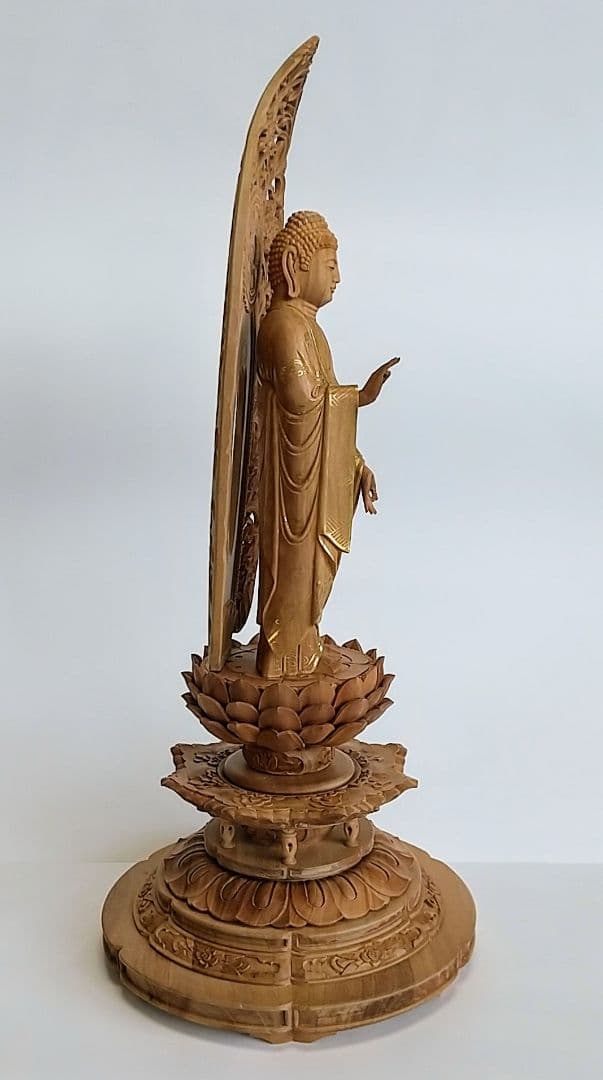 阿弥陀如来立像 5寸 #659+#557 円台座 宝相華唐草 ◆白檀 木彫 仏像