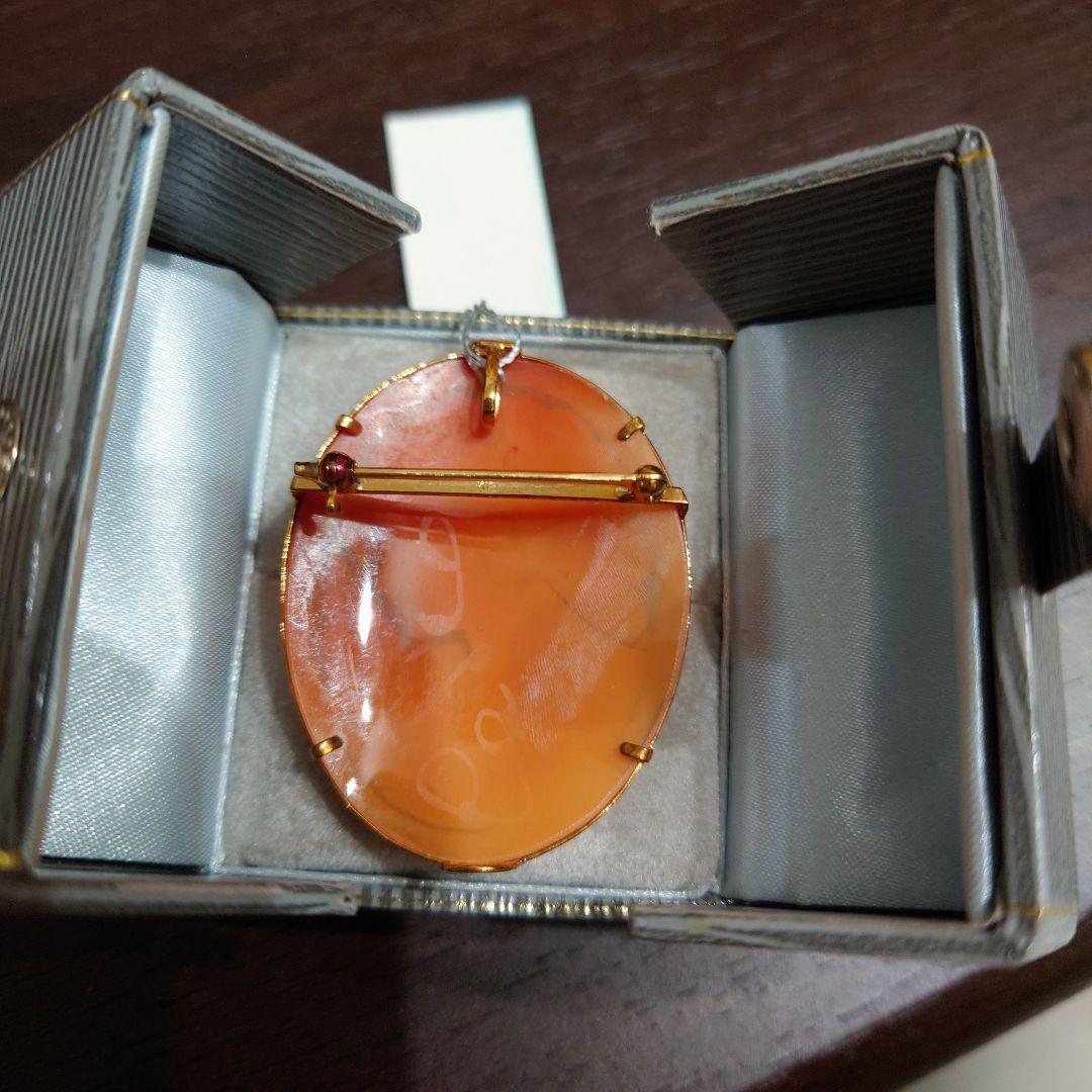 昭和レトロ K18 刻印　カメオ ブローチ兼ペンダントトップ ケースつき