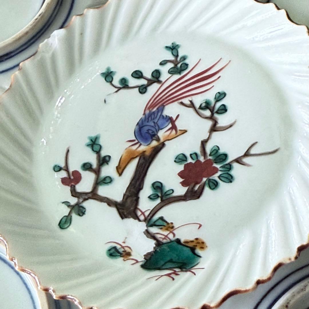 2164感謝‼️夏の倣い古九谷‼️幸せ強運の色絵花鳥図在銘福波打つ小皿4客➕1客プレ