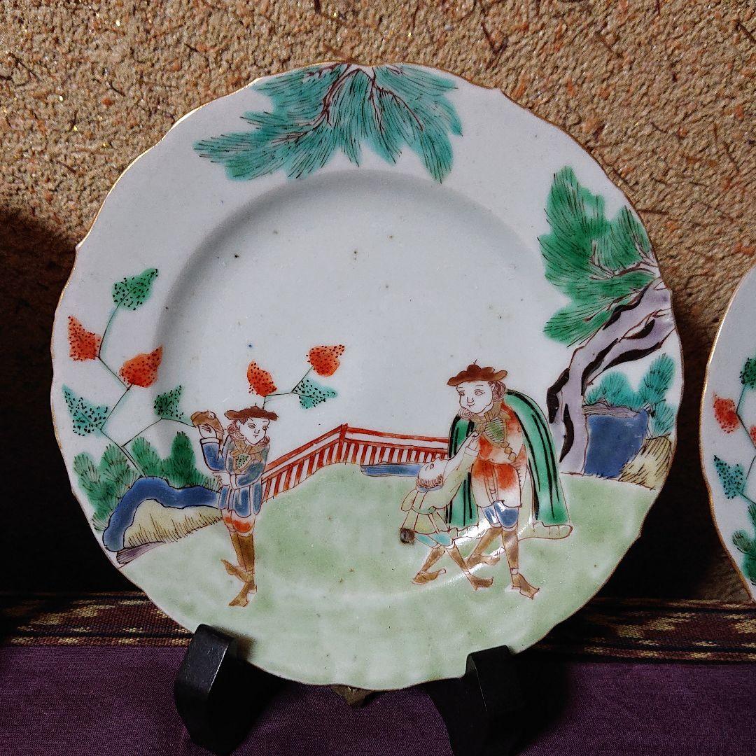 古伊万里 南蛮人と伝書鳩(鷹)図  輪花 菓子器 皿