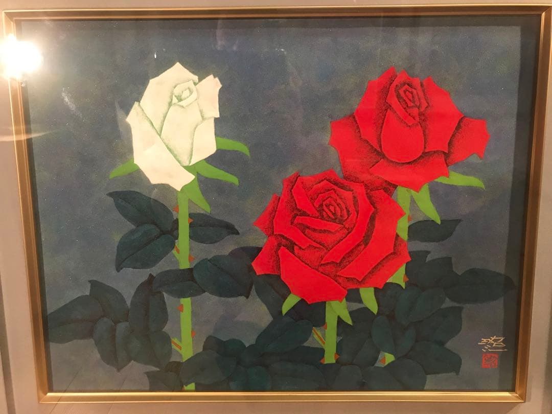 佐藤昭三　「紅白薔薇」　日本画１０号　直筆サイン・落款有り