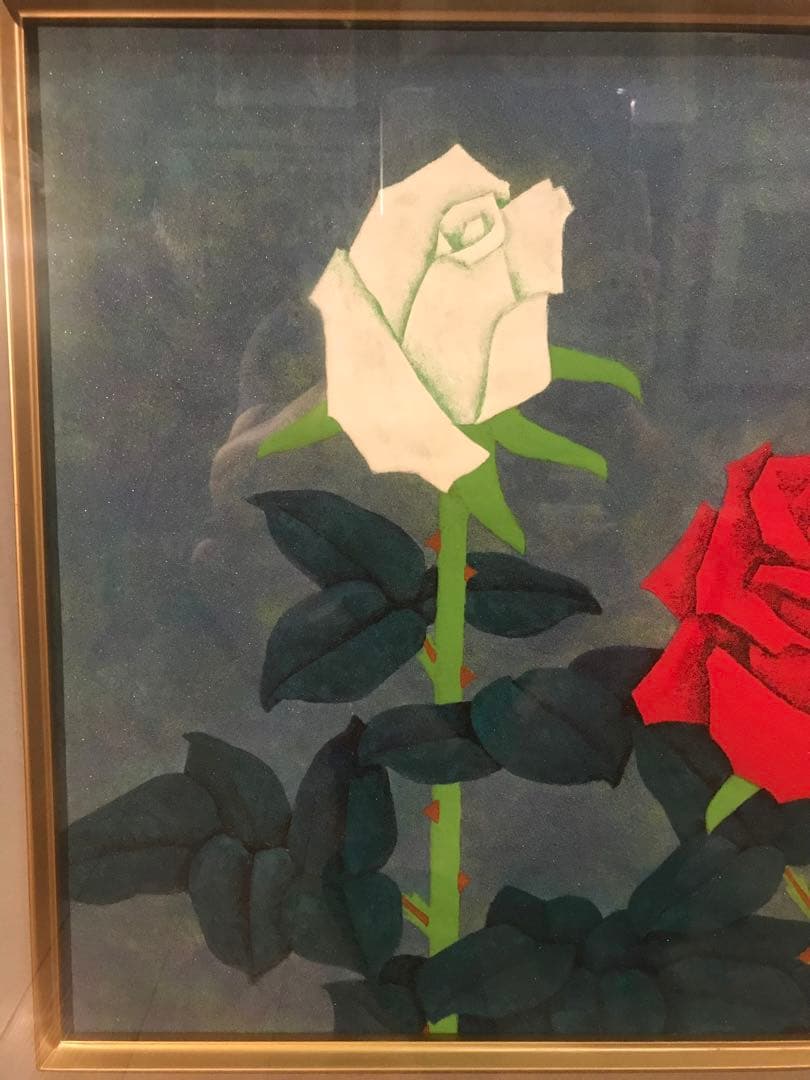 佐藤昭三　「紅白薔薇」　日本画１０号　直筆サイン・落款有り