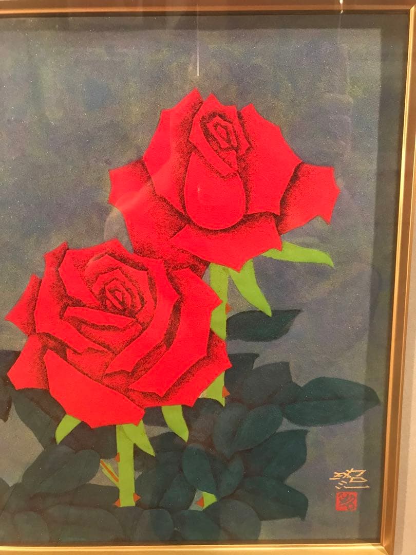 佐藤昭三　「紅白薔薇」　日本画１０号　直筆サイン・落款有り