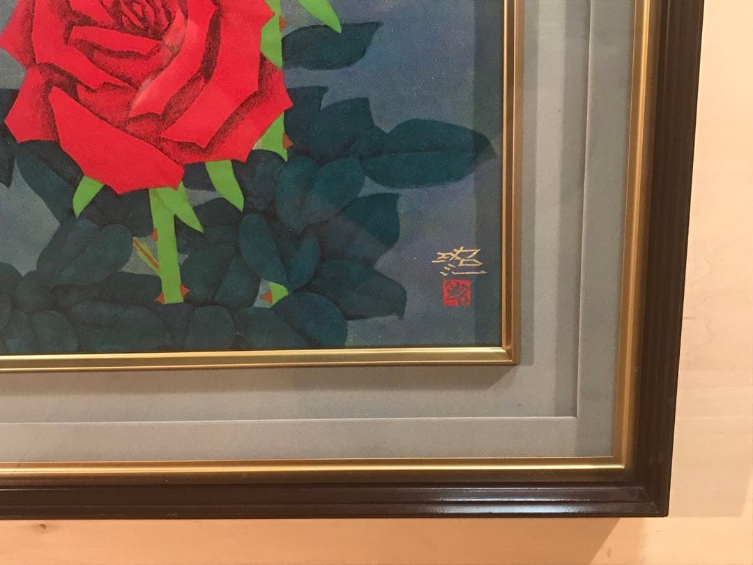 佐藤昭三　「紅白薔薇」　日本画１０号　直筆サイン・落款有り