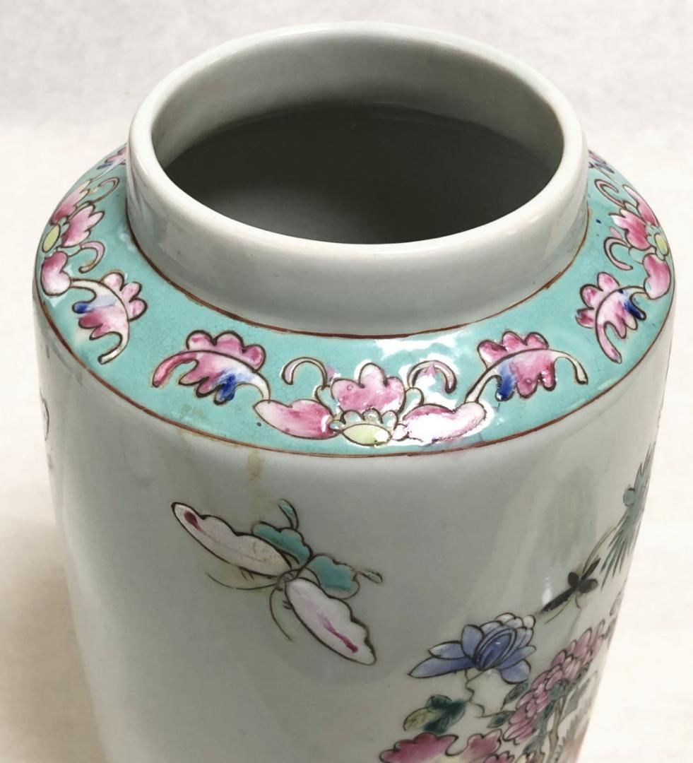 民国 色絵染付 鶏花蝶図色絵蓋物 伝世品焼物 無傷完品 ウブ品 WWTT045