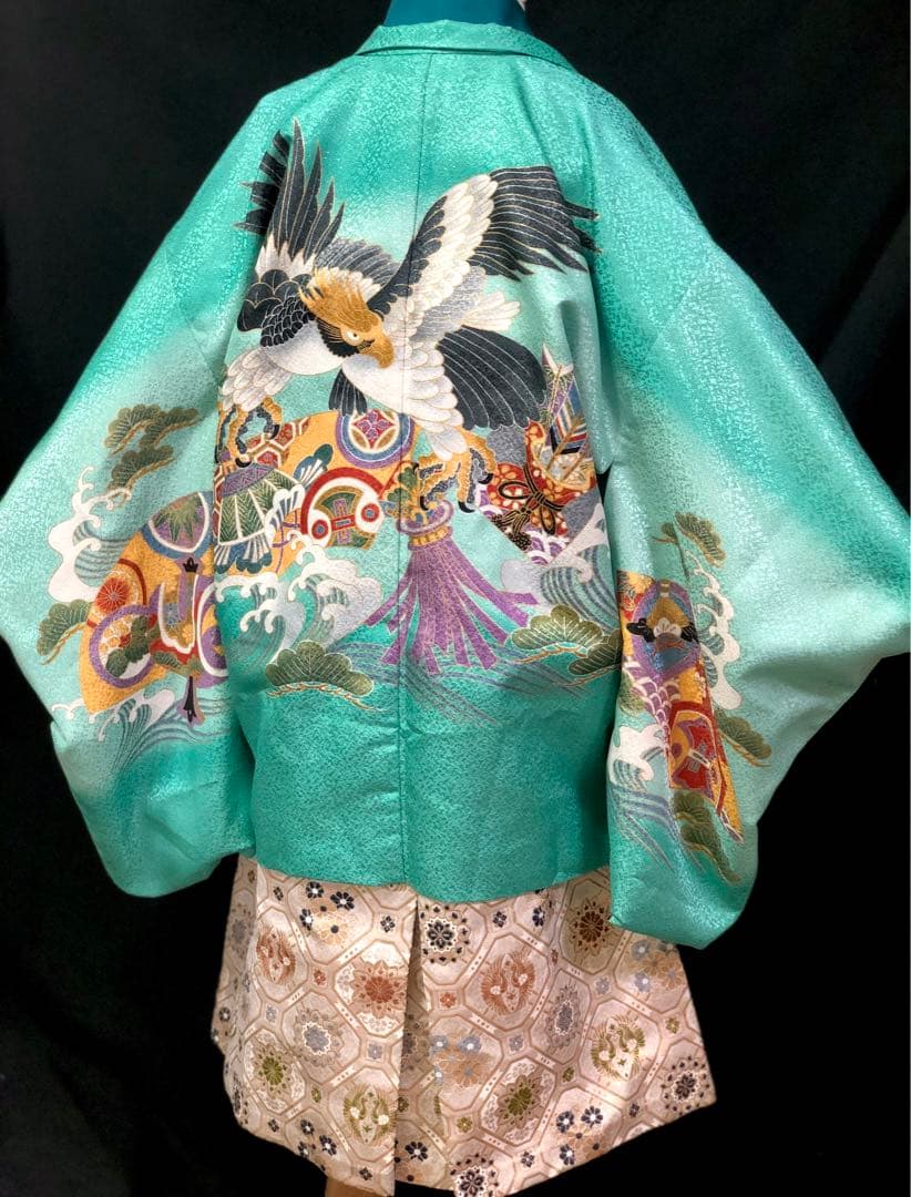 七五三 3歳　小柄　5歳　男の子　エメラルドグリーン　羽織　着物　袴　セット