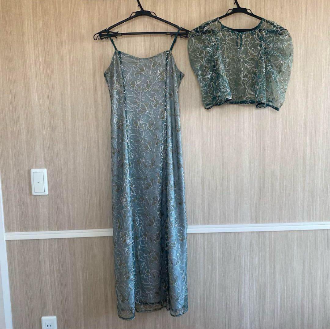 刺繍入りグリーンスリップドレスセット