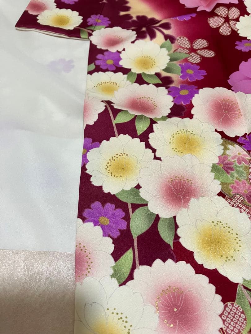 えんじ＆クリームツートン正絹振袖 全て揃ったフルセット　身丈174裄丈68