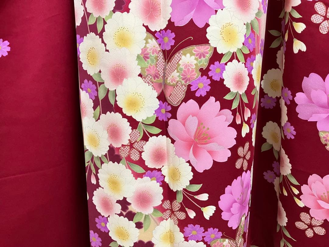 えんじ＆クリームツートン正絹振袖 全て揃ったフルセット　身丈174裄丈68