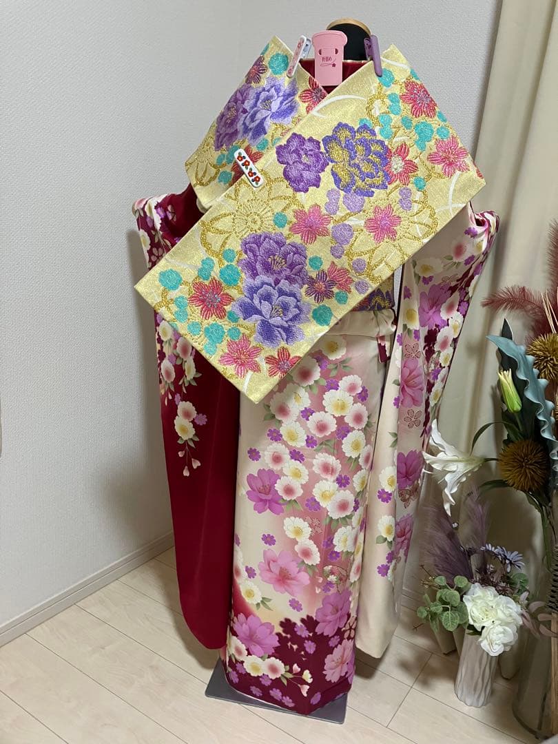 えんじ＆クリームツートン正絹振袖 全て揃ったフルセット　身丈174裄丈68