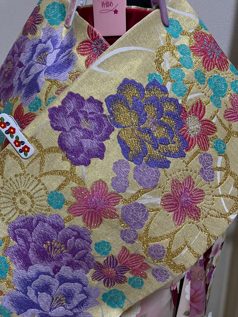 えんじ＆クリームツートン正絹振袖 全て揃ったフルセット　身丈174裄丈68