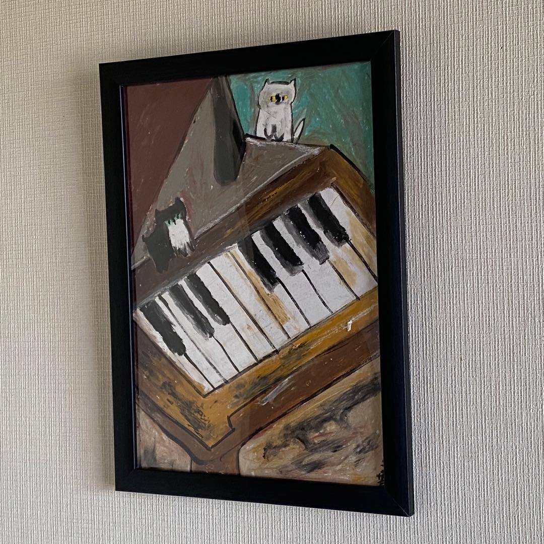 絵画。壁掛け原画【可愛い猫たちとロマンチックのピアノ曲】