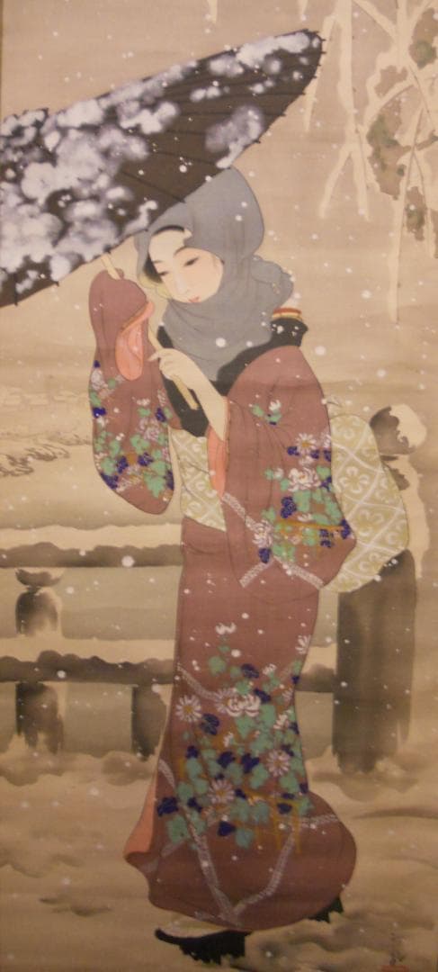 掛け軸 森二鳳 『 雪傘美人 』 美人画 絹本 希少 軸装 茶道具 掛軸 美品