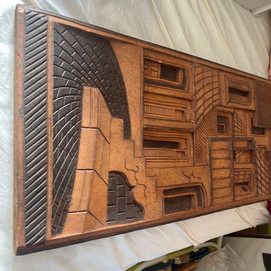 木製農業シーン浮彫りレリーフ 約８０cm 他に１枚