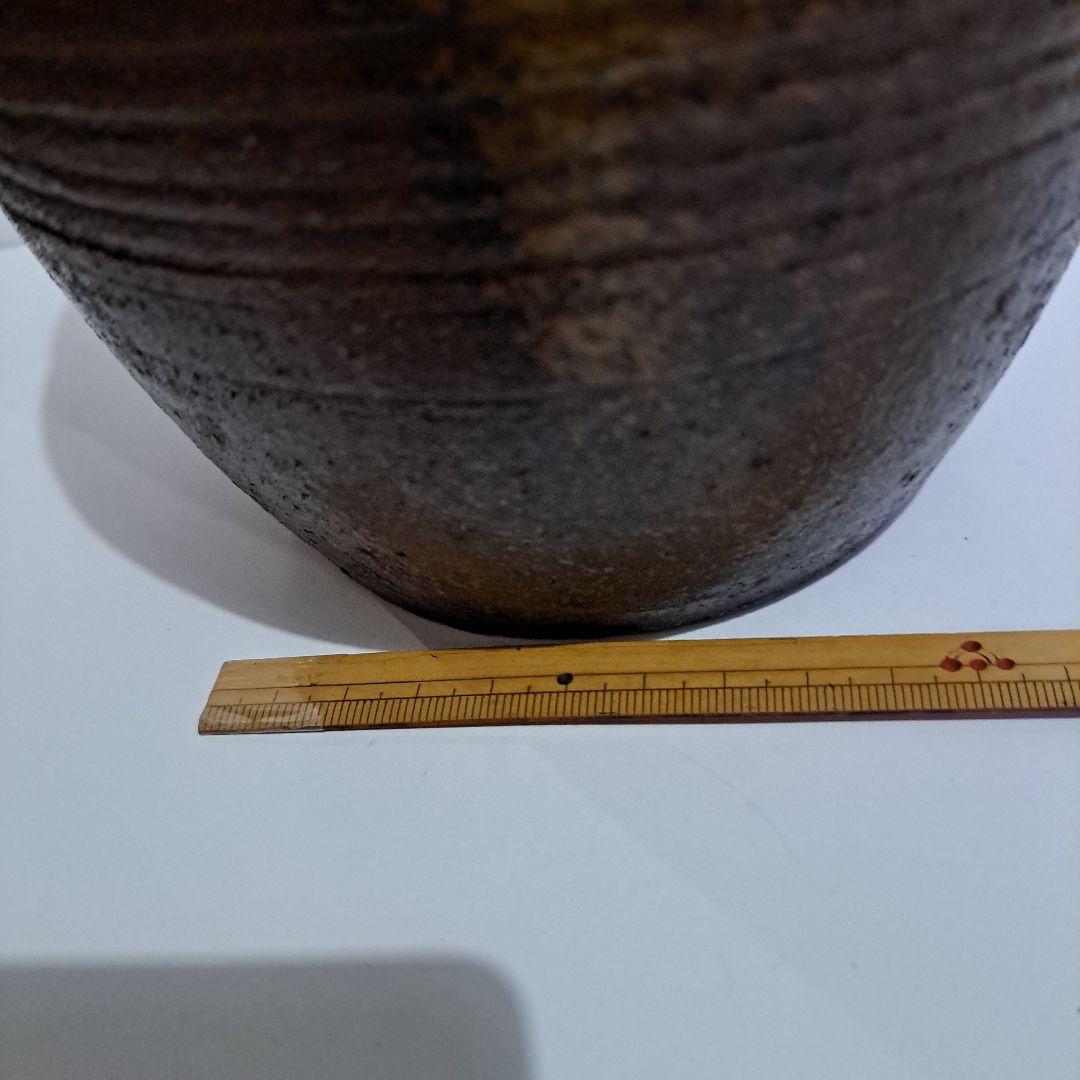 茶道具　備前　種壺　明治 ゴマ垂れ　名入り　竹ヘラ横縞　口広壺