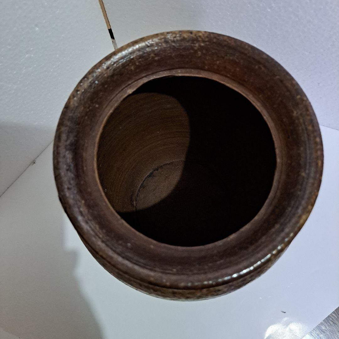 茶道具　備前　種壺　明治 ゴマ垂れ　名入り　竹ヘラ横縞　口広壺