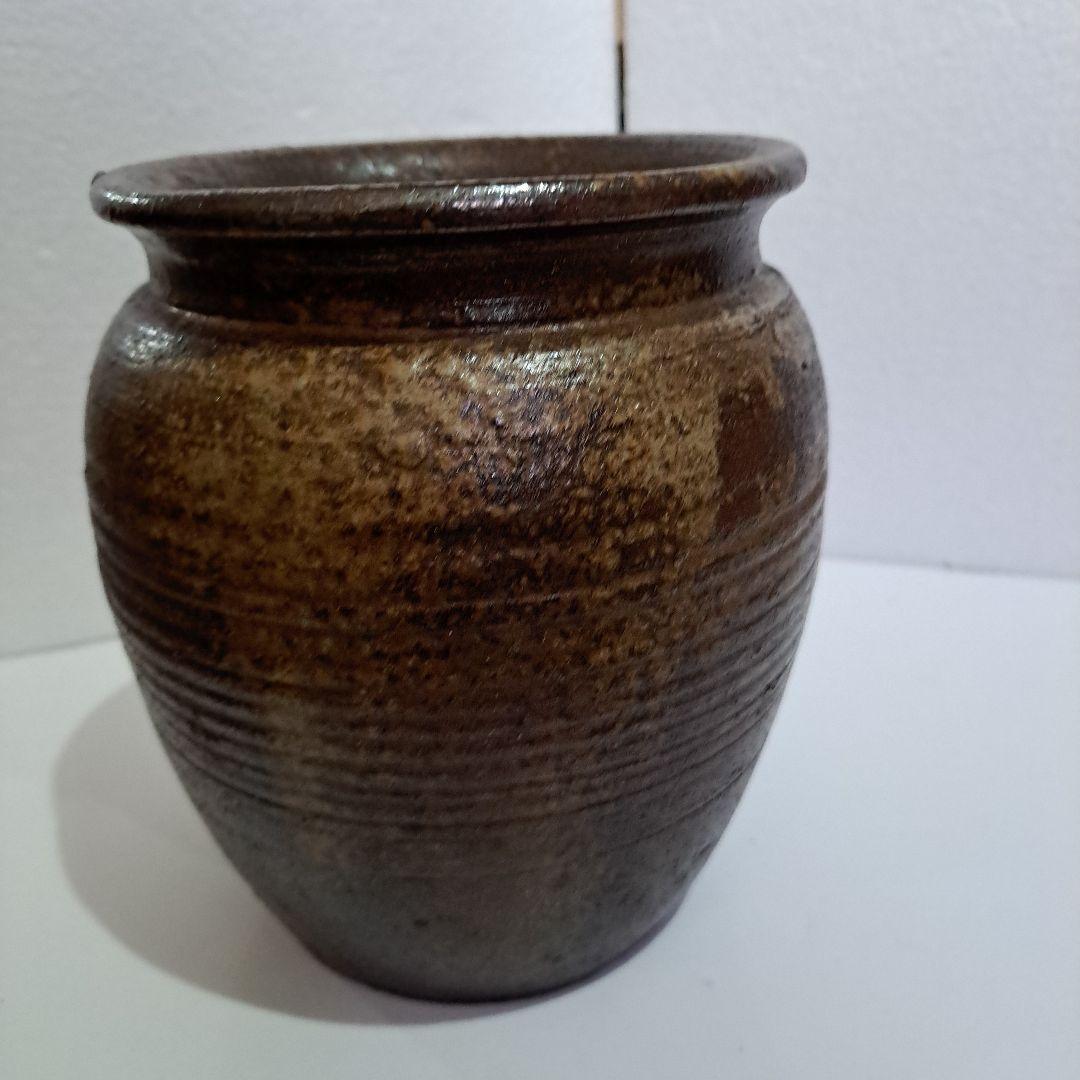 茶道具　備前　種壺　明治 ゴマ垂れ　名入り　竹ヘラ横縞　口広壺