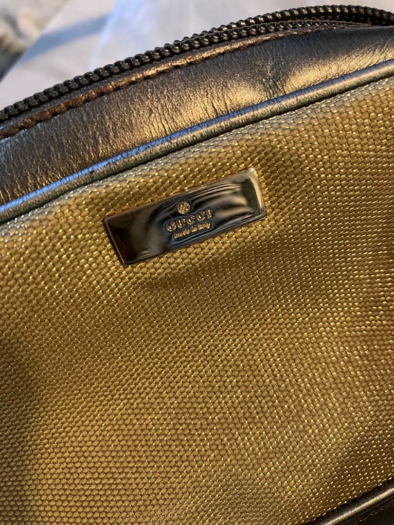 GUCCIグッチ美品ミニハンドバッグポーチ結婚式ゴールドブラウンカーキレザー