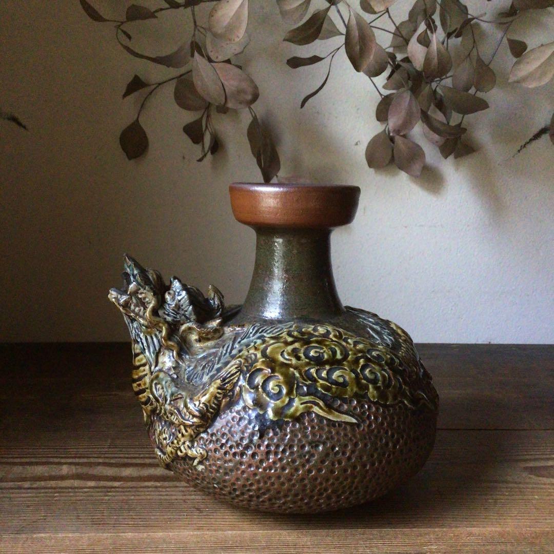 No4078 壺屋焼　浮彫雲龍文　カラカラ　酒器　沖縄　やちむん　民藝　送料無料