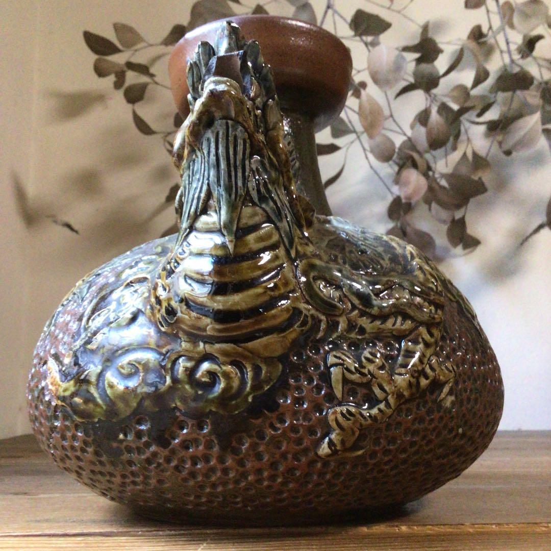 No4078 壺屋焼　浮彫雲龍文　カラカラ　酒器　沖縄　やちむん　民藝　送料無料