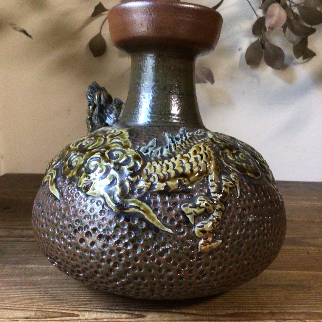 No4078 壺屋焼　浮彫雲龍文　カラカラ　酒器　沖縄　やちむん　民藝　送料無料