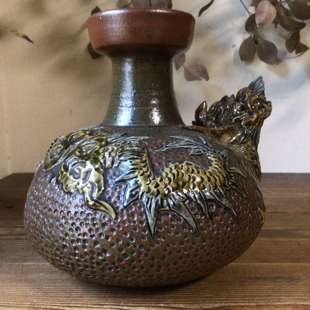 No4078 壺屋焼　浮彫雲龍文　カラカラ　酒器　沖縄　やちむん　民藝　送料無料