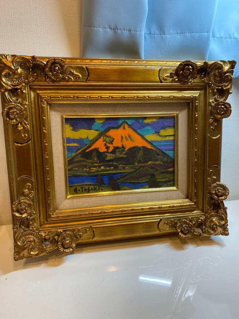 田崎広助　朱富士　油絵　油彩　画寸　SM