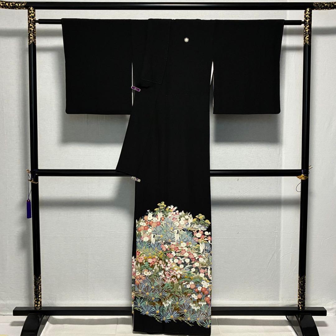 D128 黒留袖 友禅 落款入 鶴 花模様 正絹 着物 袷 極美品