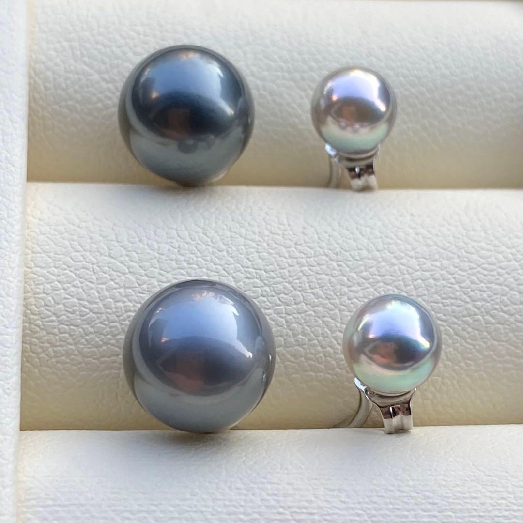 本真珠　南洋黒蝶真珠&あこや真珠ピアス　9.8&6.3mm P1152