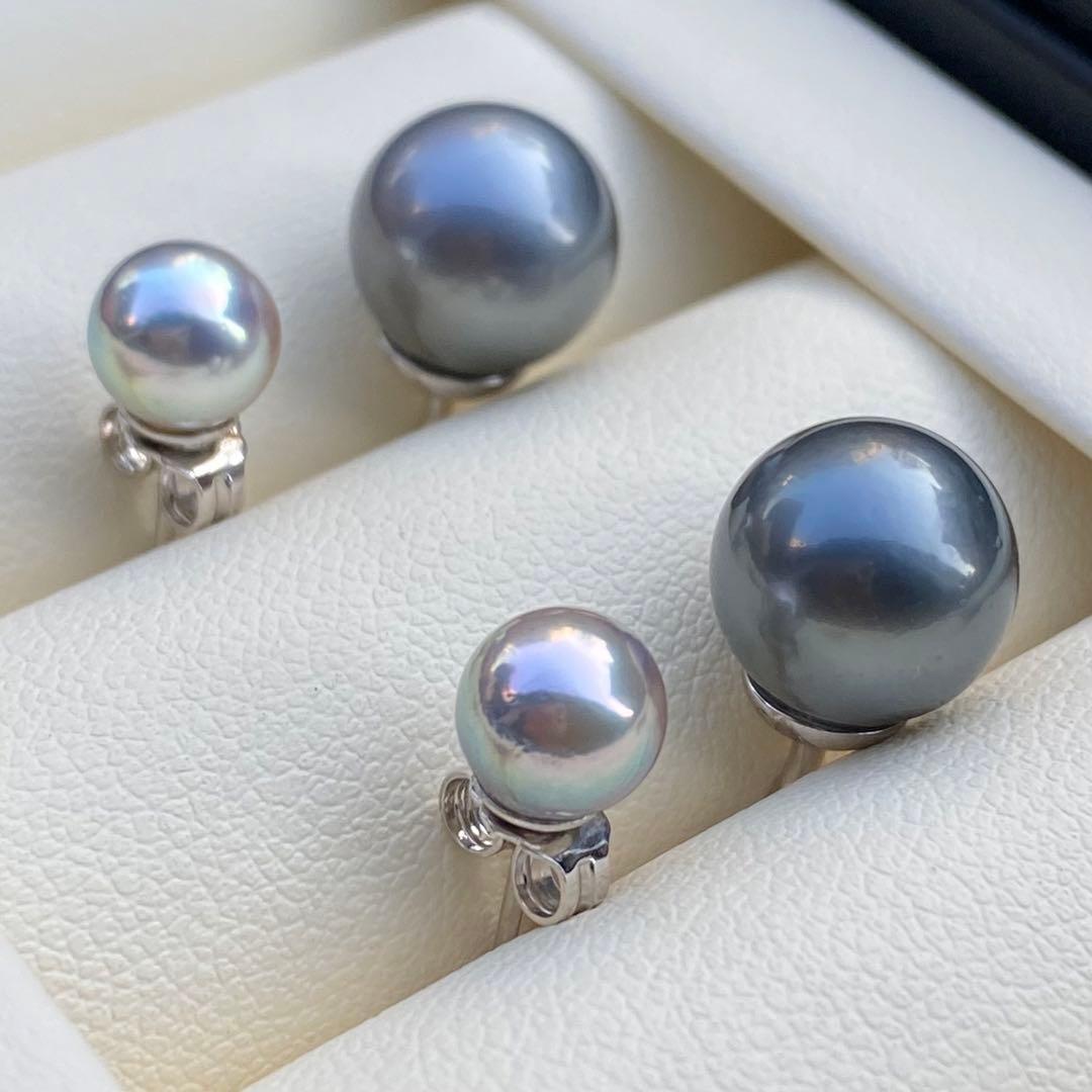 本真珠　南洋黒蝶真珠&あこや真珠ピアス　9.8&6.3mm P1152