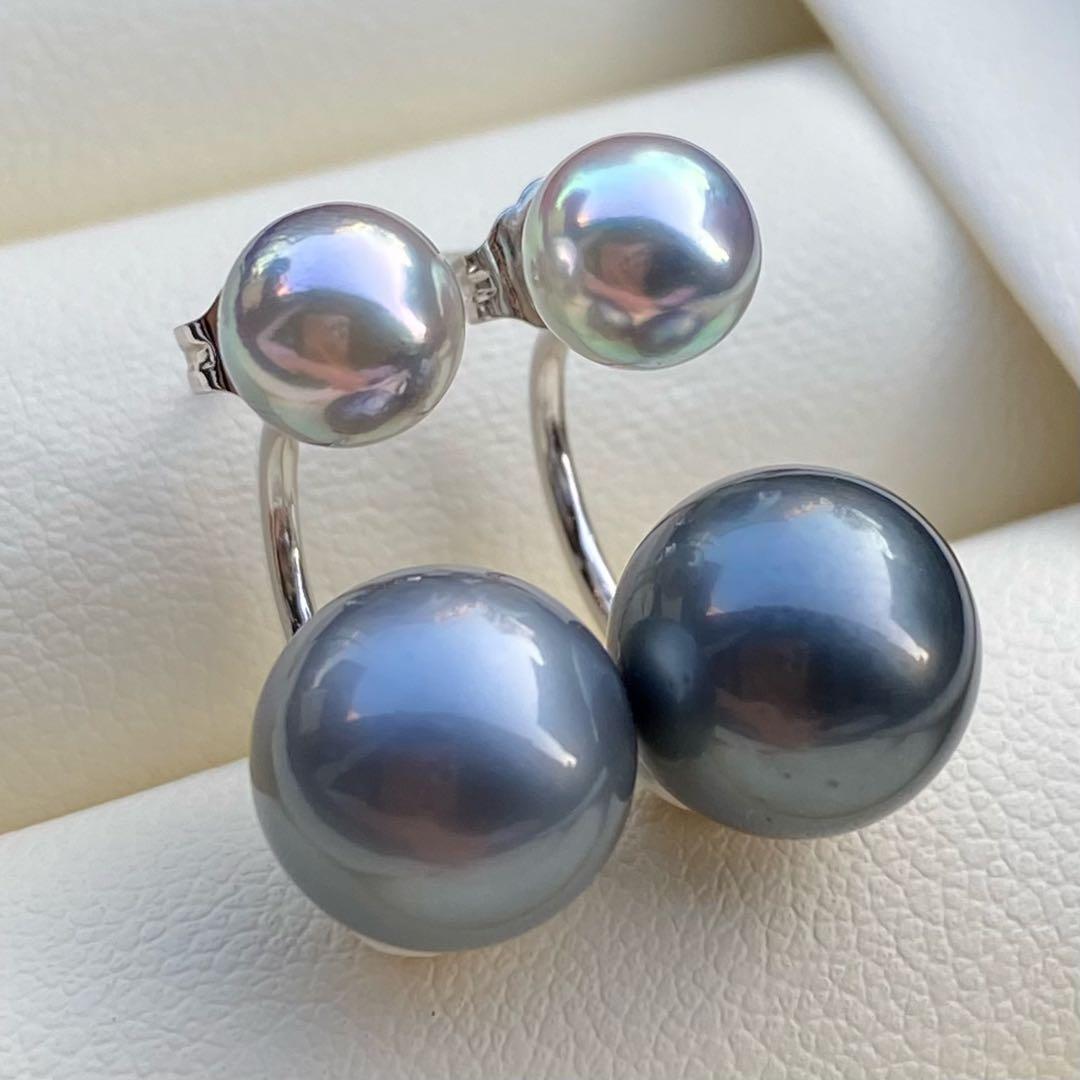 本真珠　南洋黒蝶真珠&あこや真珠ピアス　9.8&6.3mm P1152