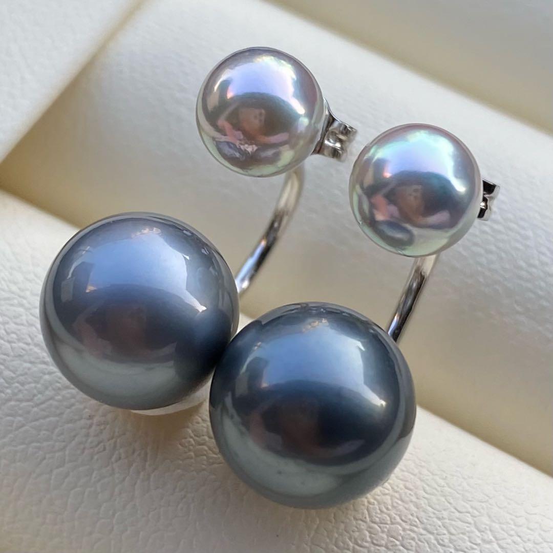 本真珠　南洋黒蝶真珠&あこや真珠ピアス　9.8&6.3mm P1152