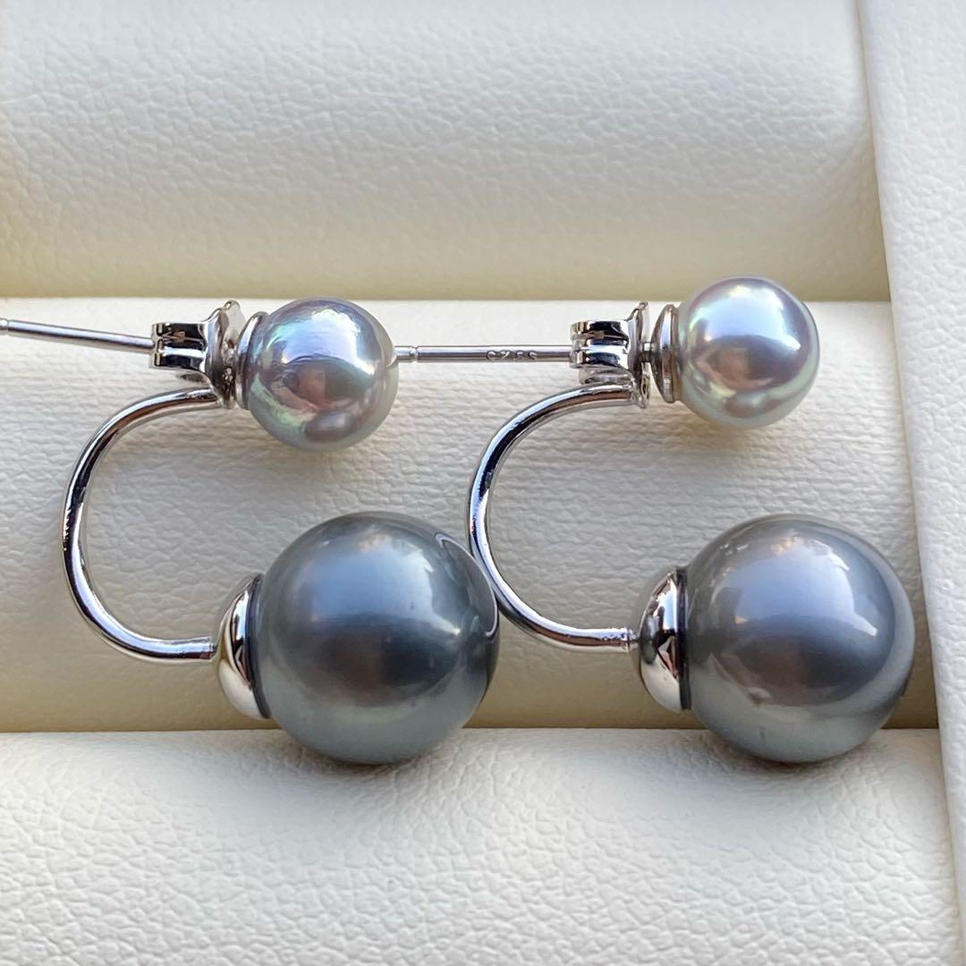 本真珠　南洋黒蝶真珠&あこや真珠ピアス　9.8&6.3mm P1152