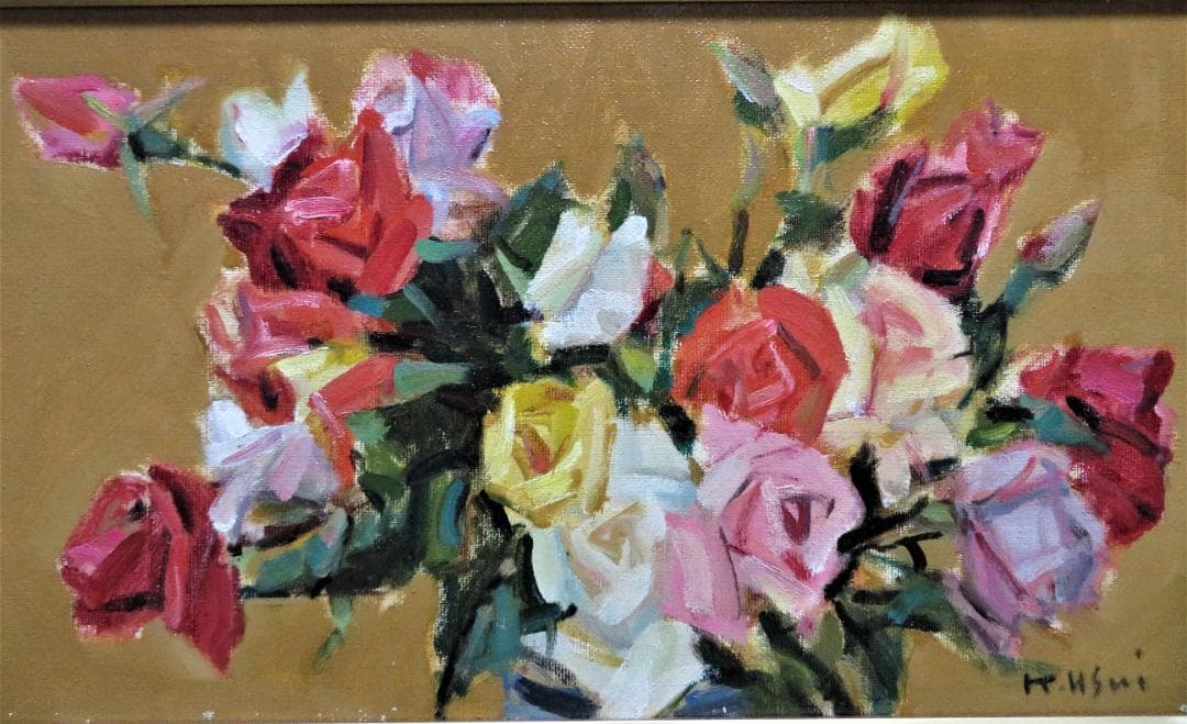 ◆　 臼井圭助　「　ばら　」油彩　M6号　創元会   真作保証　 ◆