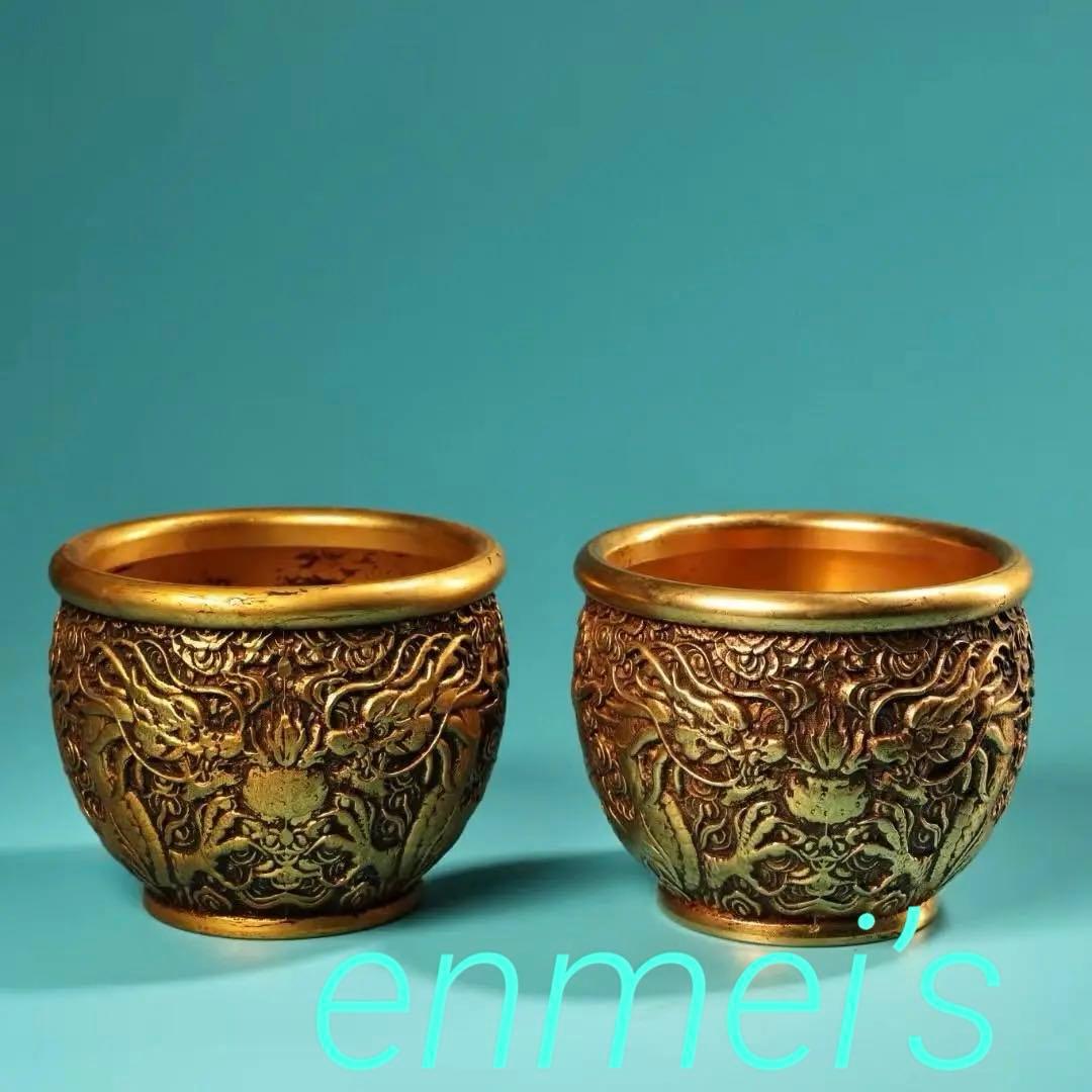 中国古美術・旧蔵二龍戯珠の缶セット・鏨刻鎏金・純銅製・高浮彫・置物・茶道具・酒具