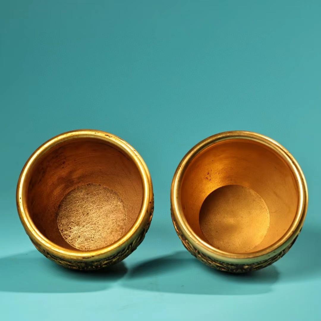 中国古美術・旧蔵二龍戯珠の缶セット・鏨刻鎏金・純銅製・高浮彫・置物・茶道具・酒具