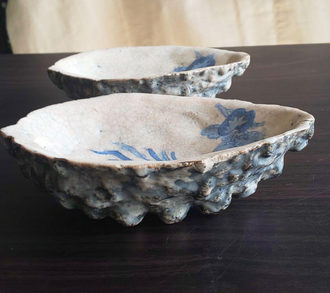 古伊万里 稀少珍品 鮑殻飾り皿 染付鳳凰花柄 江戸中期 2皿セット